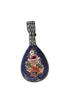 Vintage Micro Mosaic Floral Mandolin Guitar Brooch Pin Colorful Blue Italy